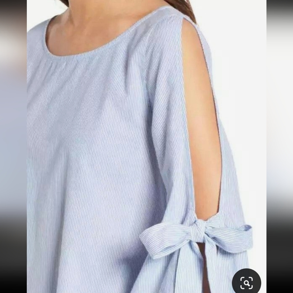 BP Striped Bow Slit Bell Sleeves Pullover Top Blouse Blue White Womens Size M